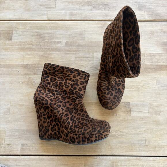 GIANNI BINI Womens Size 8M Leopard Suede Slouch Ankle Platform Wedge Bootie Read - Picture 2 of 11